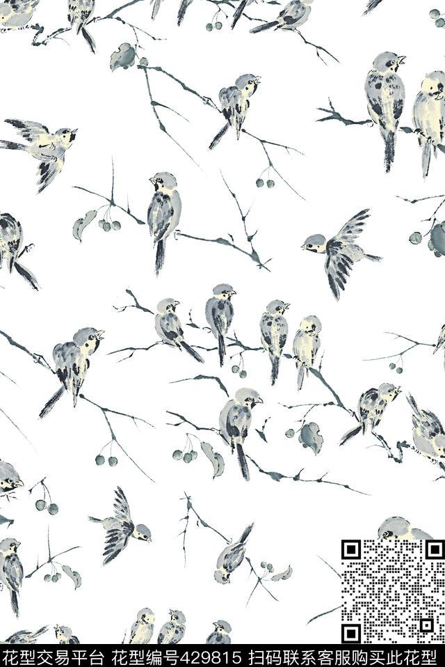 中国风小鸟树枝数码印花华亿平台下载（图片编号: 429815） - 瓦栏（Walan）