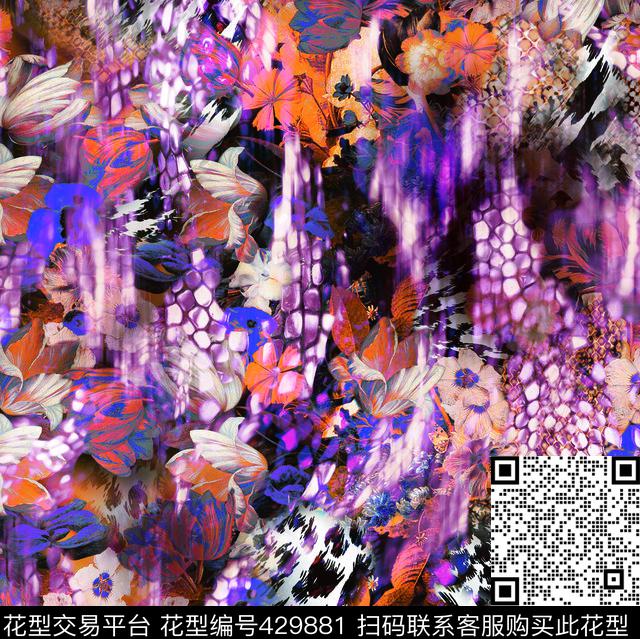 抽象暗调花卉男装数码印花华亿平台下载（图片编号: 429881） - 瓦栏（Walan）