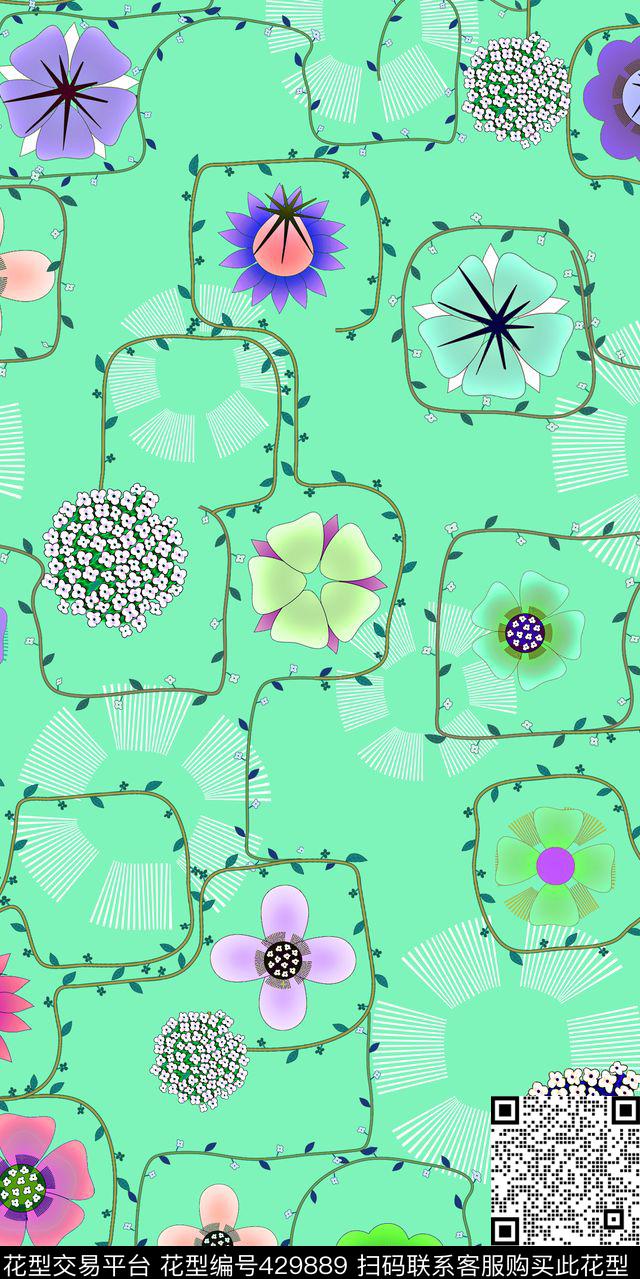 手绘小花藤蔓清新服装传统印花华亿平台下载（图片编号: 429889） - 瓦栏（Walan）