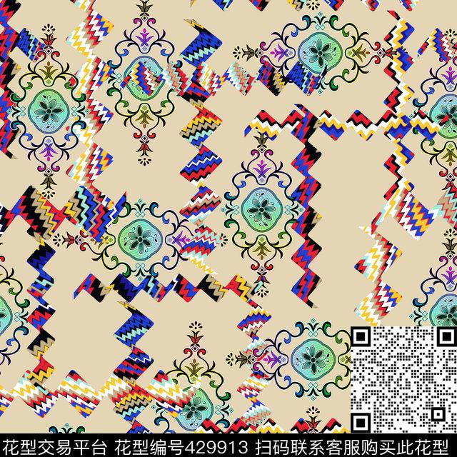 欧式拼接风格欧式几何花纹几何色块拼接十字数码印花华亿平台下载（图片编号: 429913） - 瓦栏（Walan）