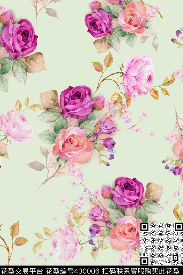 淡雅水彩月季花卉数码印花华亿平台下载（图片编号: 430006） - 瓦栏（Walan）