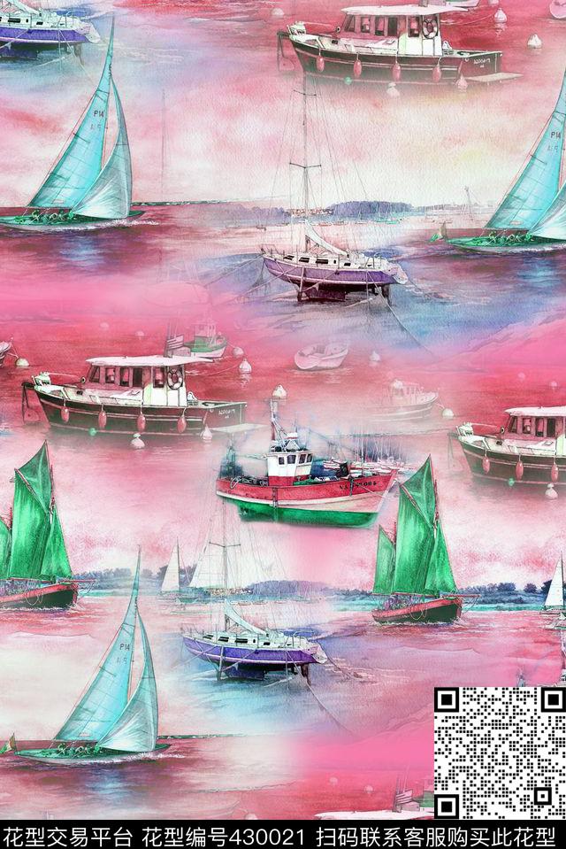 写实帆船海景风景水彩海洋帆船数码印花华亿平台下载（图片编号: 430021） - 瓦栏（Walan）