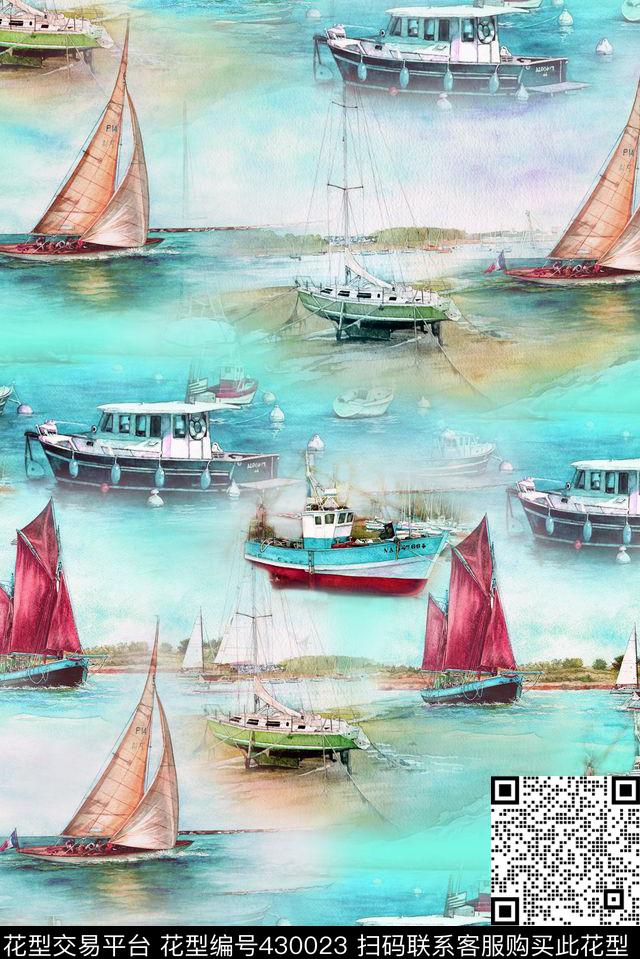 写实帆船海景风景水彩海洋帆船数码印花华亿平台下载（图片编号: 430023） - 瓦栏（Walan）