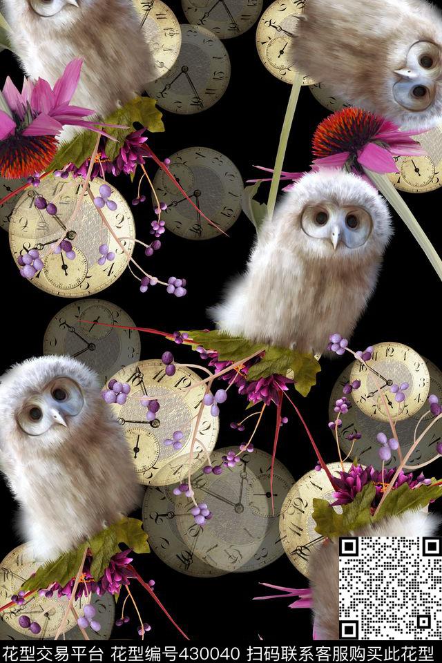 猫头鹰菊花复古时钟数码印花华亿平台下载（图片编号: 430040） - 瓦栏（Walan）