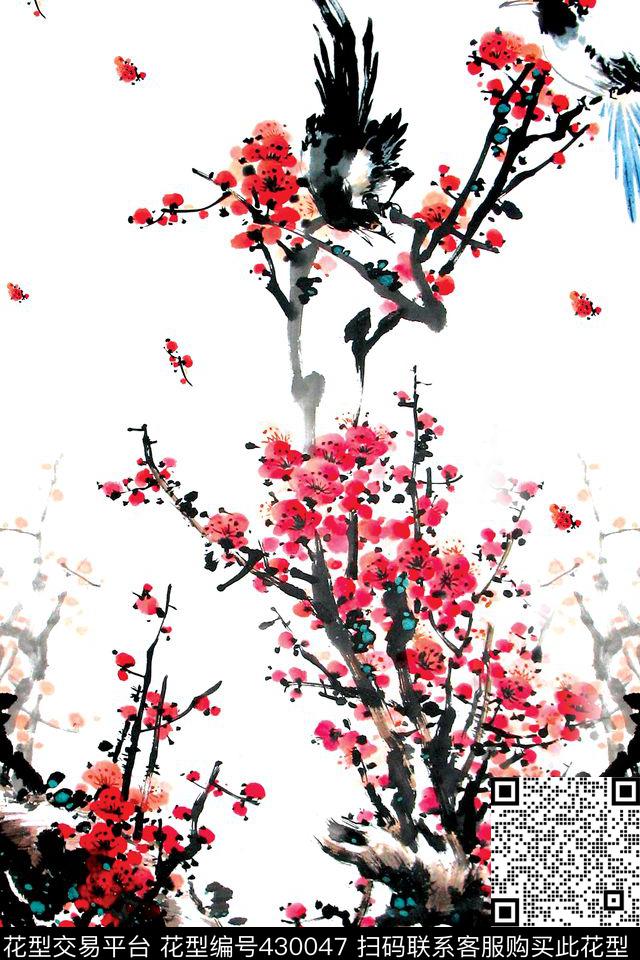 水墨画梅花喜鹊数码印花华亿平台下载（图片编号: 430047） - 瓦栏（Walan）