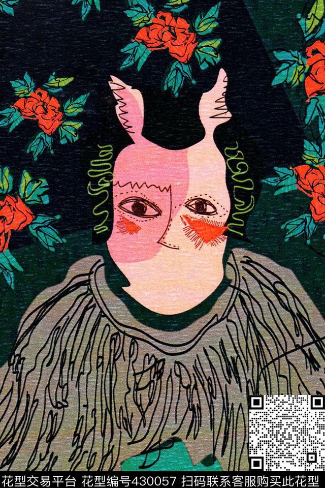 创意人物花朵手绘传统印花华亿平台下载（图片编号: 430057） - 瓦栏（Walan）