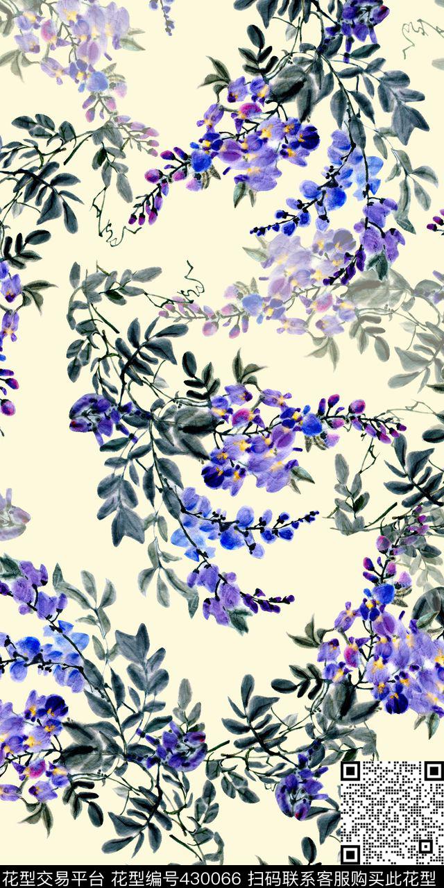 大气手绘紫藤花枝条数码印花华亿平台下载（图片编号: 430066） - 瓦栏（Walan）