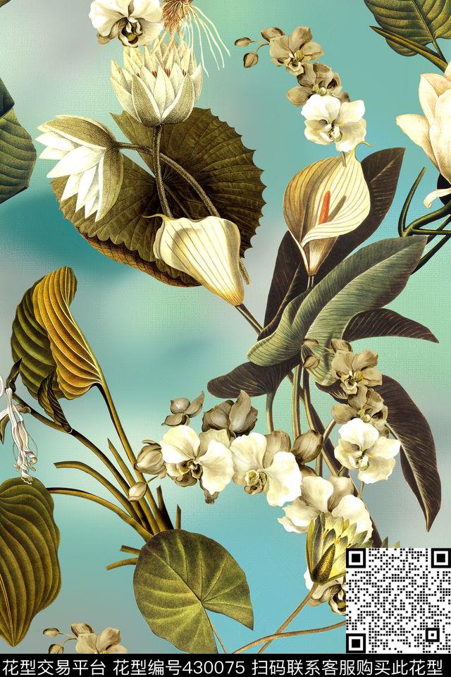 复古荷花兰花数码印花华亿平台下载（图片编号: 430075） - 瓦栏（Walan）