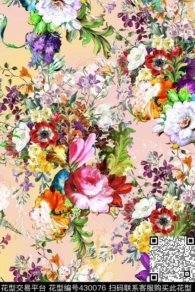 时尚油画花卉牡丹数码印花华亿平台下载（图片编号: 430076） - 瓦栏（Walan）