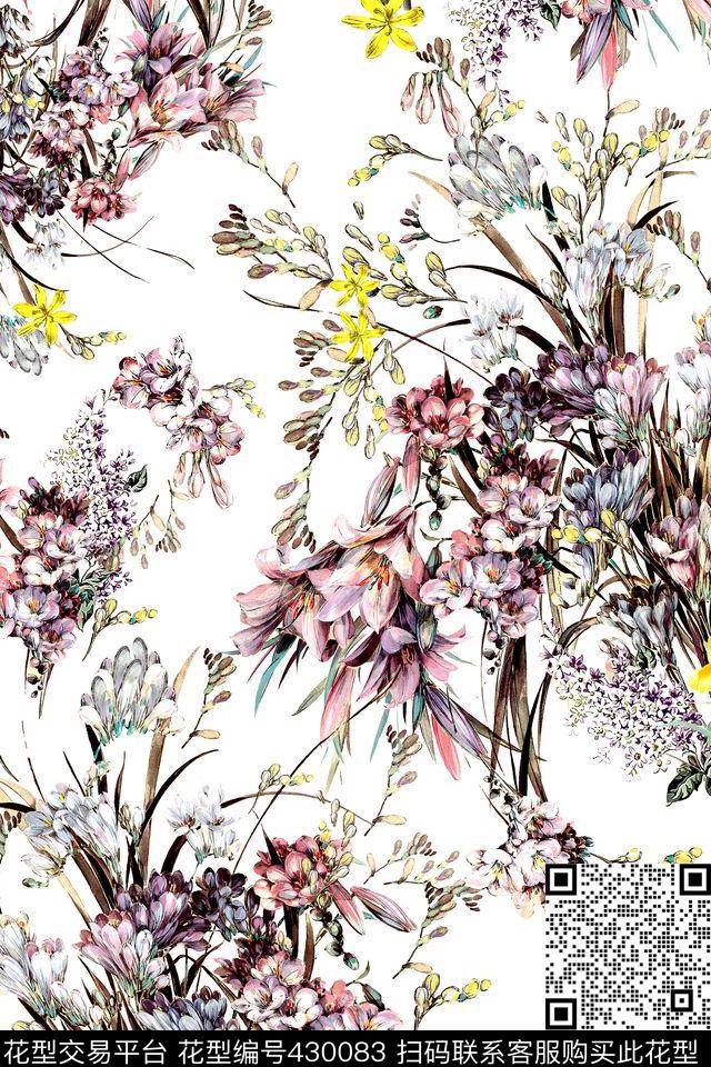 时尚兰花手绘数码印花华亿平台下载（图片编号: 430083） - 瓦栏（Walan）