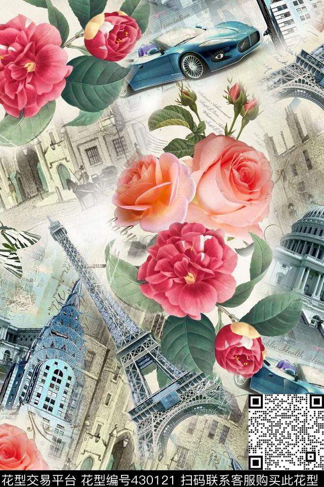 时尚大气建筑花卉数码印花华亿平台下载（图片编号: 430121） - 瓦栏（Walan）