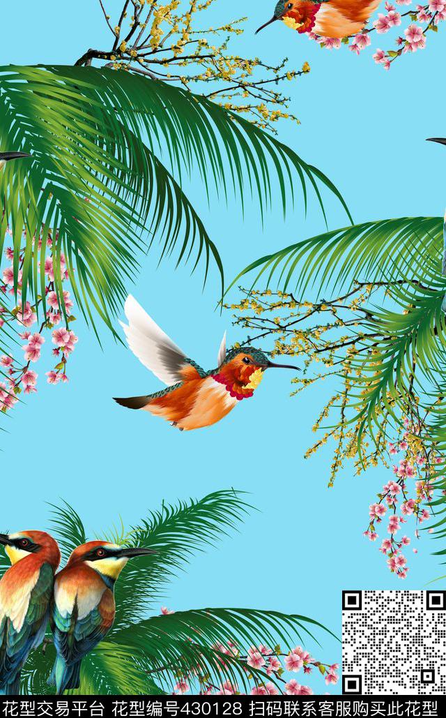 小清新小鸟花卉数码印花华亿平台下载（图片编号: 430128） - 瓦栏（Walan）