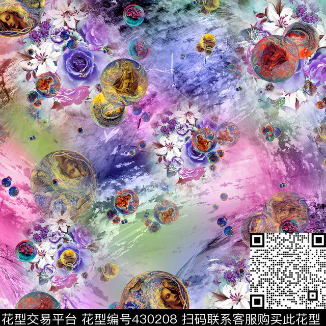 欧式人物插画百合玫瑰花卉点缀彩绘蓝天白云纹理底纹数码印花华亿平台下载（图片编号: 430208） - 瓦栏（Walan）