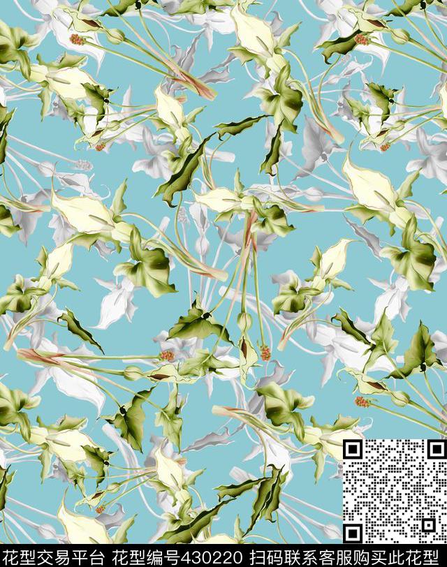 流行时尚热带雨林植物叶数码印花华亿平台下载（图片编号: 430220） - 瓦栏（Walan）