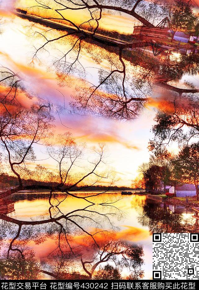 风景树夕阳数码印花华亿平台下载（图片编号: 430242） - 瓦栏（Walan）