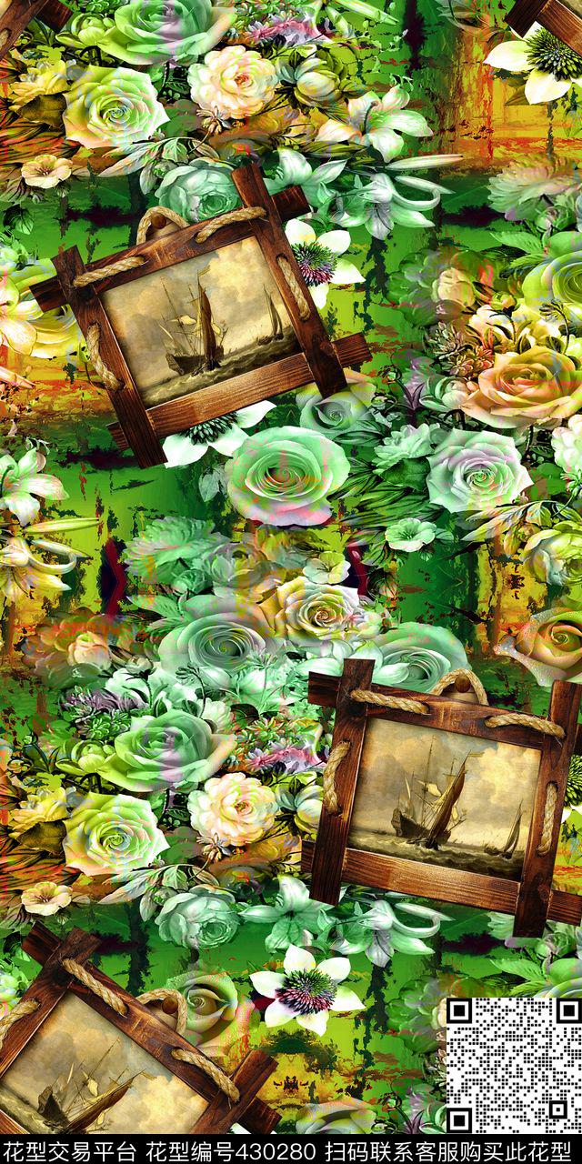 欧式复古复古的相框淡雅而又密集的花卉数码印花华亿平台下载（图片编号: 430280） - 瓦栏（Walan）