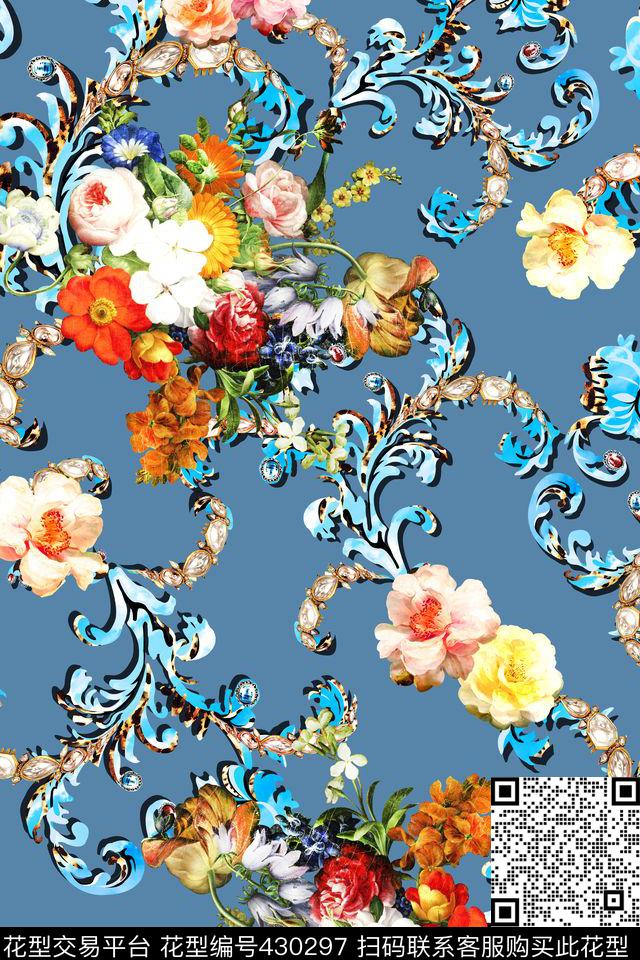 时尚卷草豹纹数码印花华亿平台下载（图片编号: 430297） - 瓦栏（Walan）