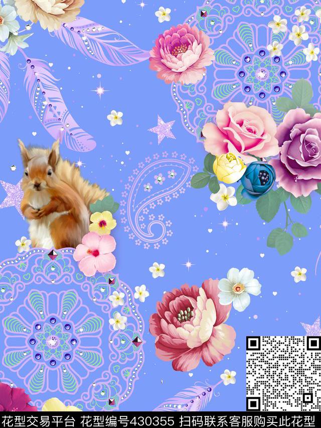 松鼠牡丹花佩斯利羽毛花纹数码印花华亿平台下载（图片编号: 430355） - 瓦栏（Walan）