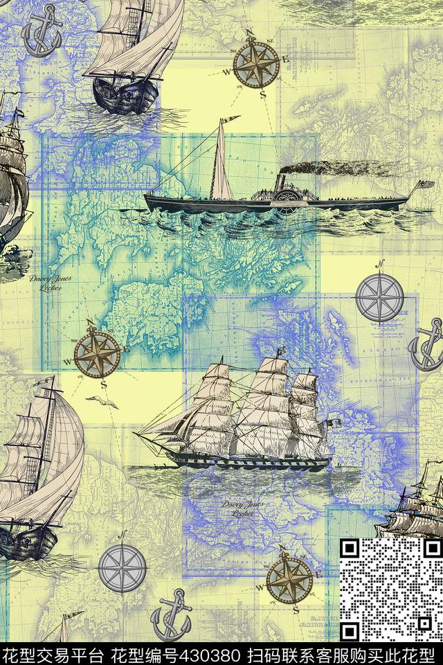休闲风航海元素航船数码印花华亿平台下载（图片编号: 430380） - 瓦栏（Walan）