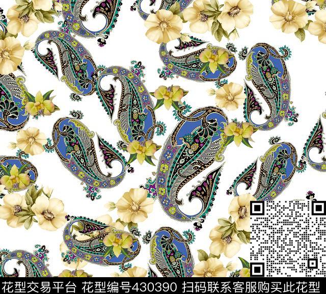 花卉佩斯利手绘花卉数码印花华亿平台下载（图片编号: 430390） - 瓦栏（Walan）