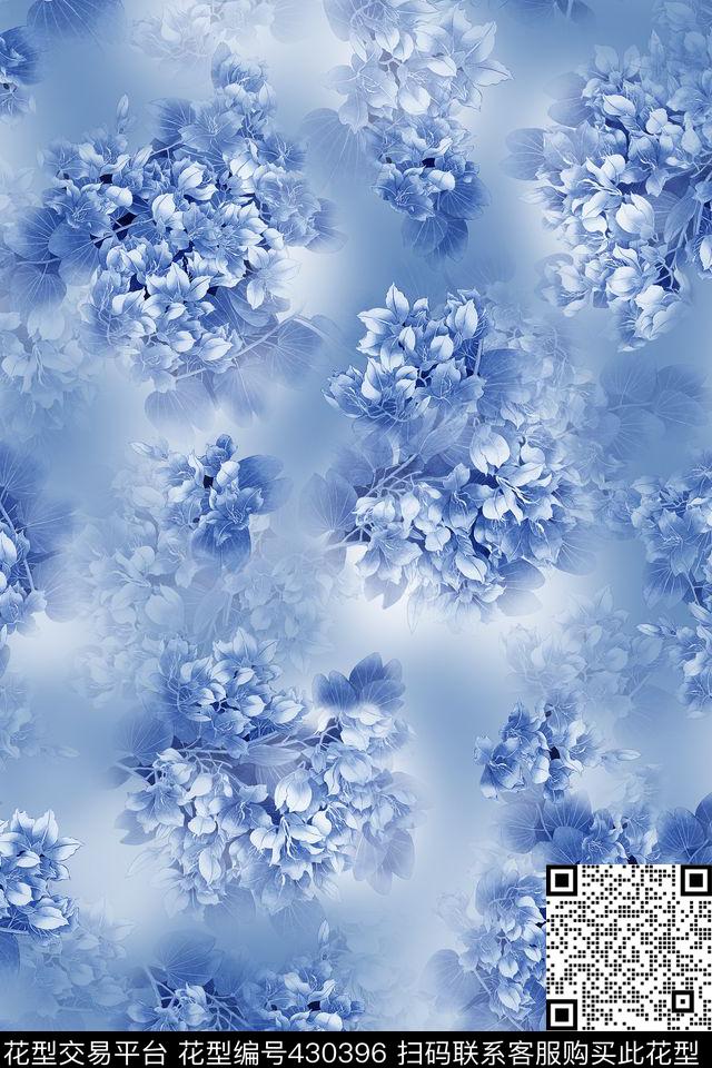 中国风湛蓝水墨花青花晕染数码印花华亿平台下载（图片编号: 430396） - 瓦栏（Walan）