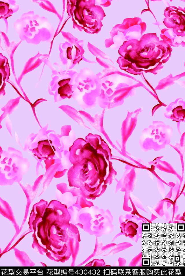 手绘效果花卉满版花卉水彩数码印花华亿平台下载（图片编号: 430432） - 瓦栏（Walan）
