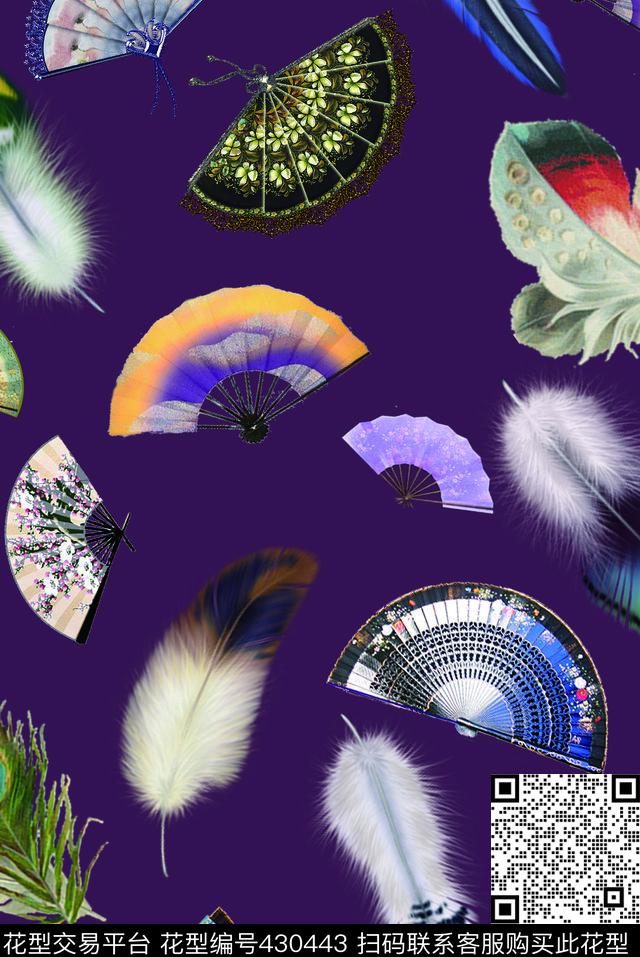 复古扇子羽毛数码印花华亿平台下载（图片编号: 430443） - 瓦栏（Walan）