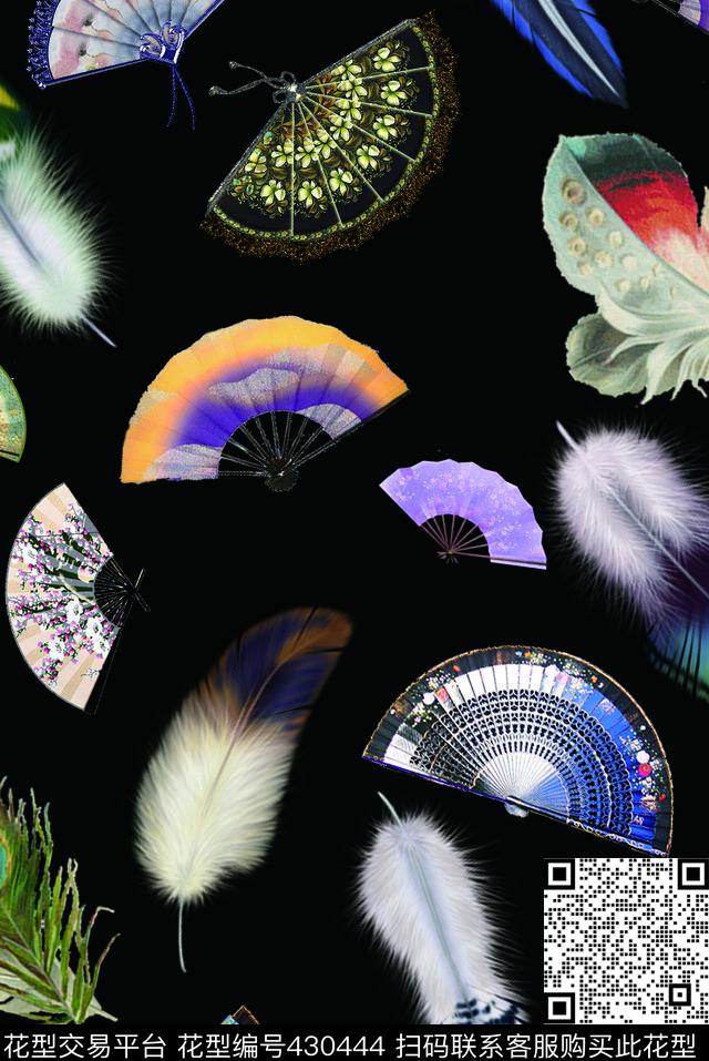 复古扇子羽毛数码印花华亿平台下载（图片编号: 430444） - 瓦栏（Walan）