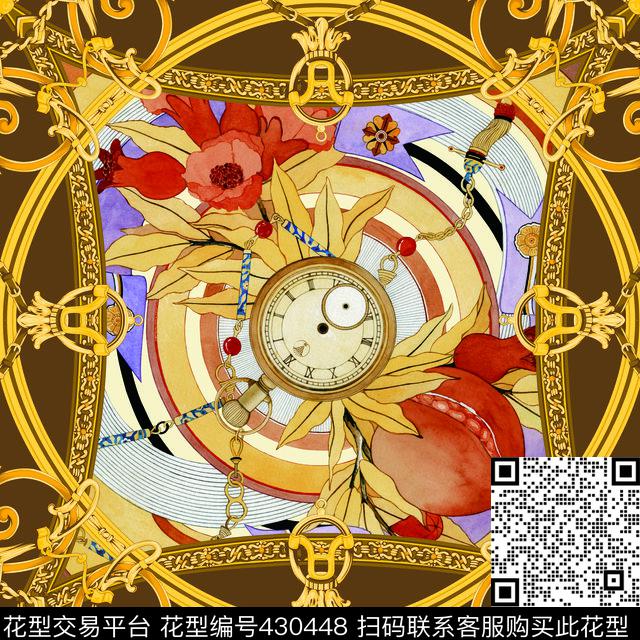 钟表花朵链条欧式方巾世界数码印花华亿平台下载（图片编号: 430448） - 瓦栏（Walan）