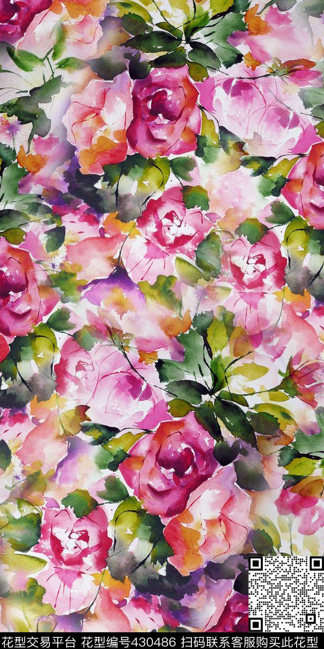 印花大牌水彩花卉时尚男女装数码印花华亿平台下载（图片编号: 430486） - 瓦栏（Walan）