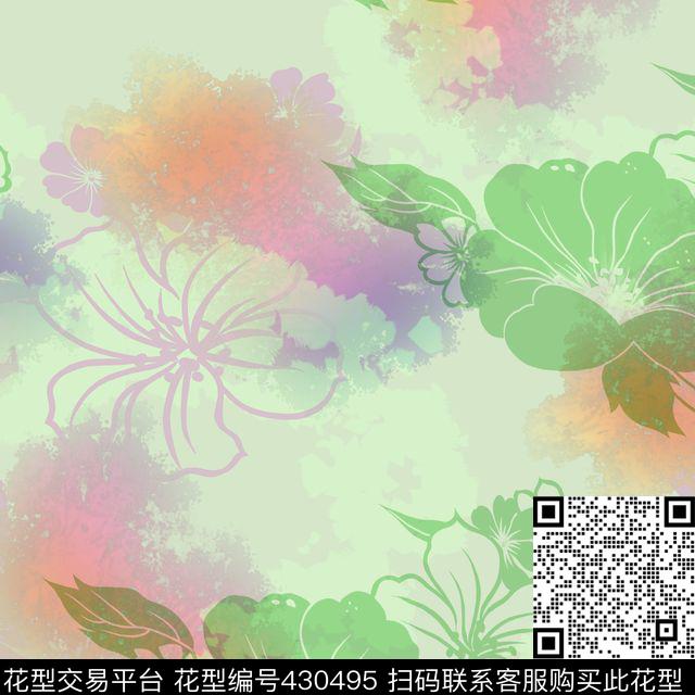 花卉水彩水墨传统印花华亿平台下载（图片编号: 430495） - 瓦栏（Walan）