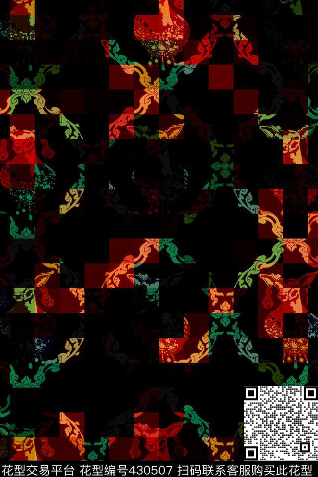 潮流方格卷草传统印花华亿平台下载（图片编号: 430507） - 瓦栏（Walan）