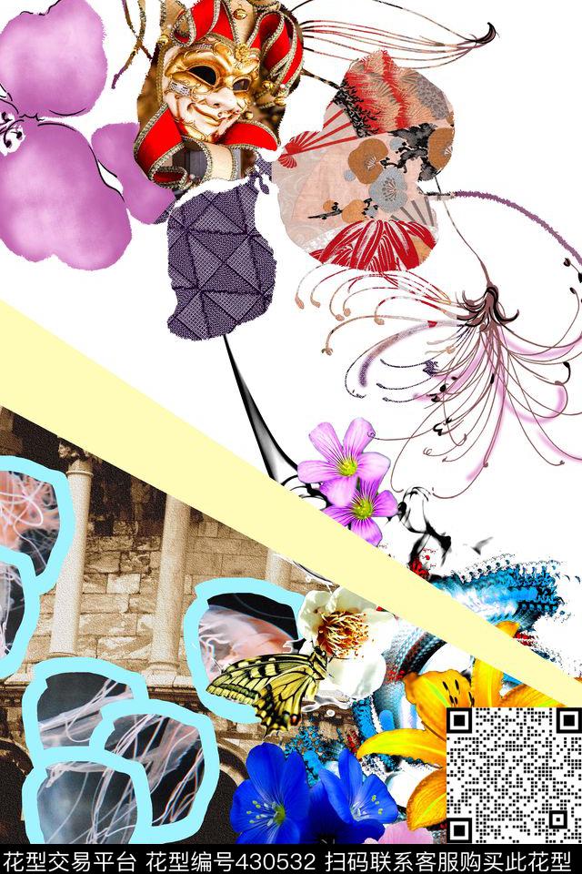 定位花卉面具数码印花华亿平台下载（图片编号: 430532） - 瓦栏（Walan）