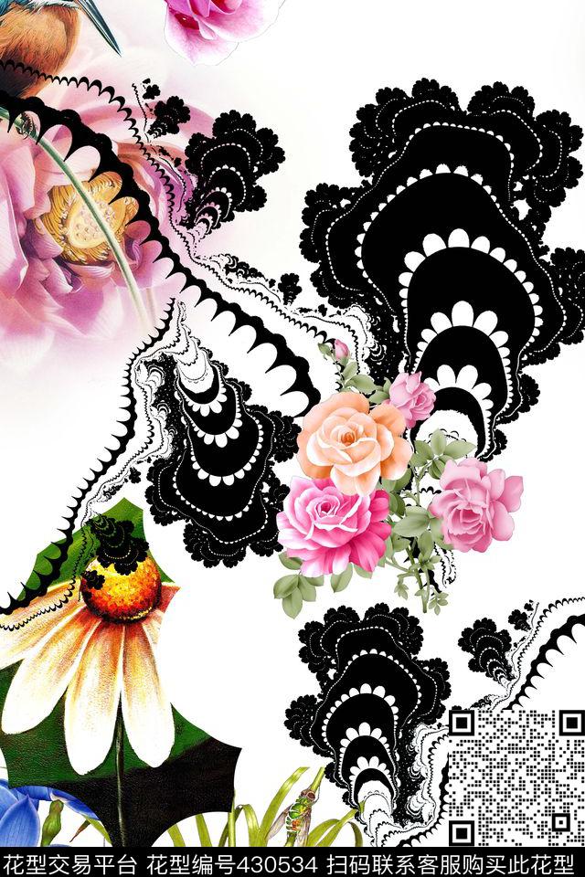 花朵蕾丝小鸟数码印花华亿平台下载（图片编号: 430534） - 瓦栏（Walan）