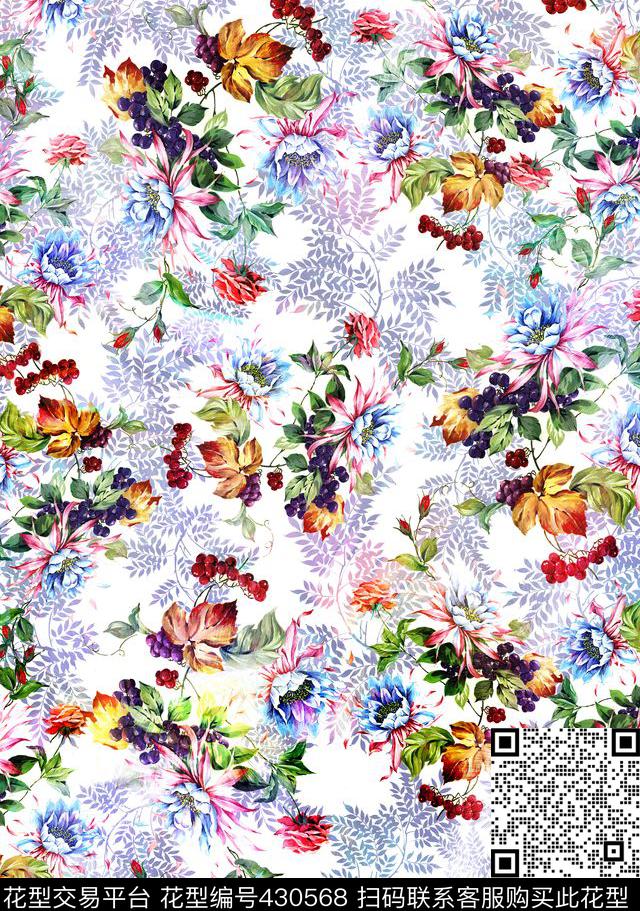 时尚小碎花水彩花卉棕树叶数码印花华亿平台下载（图片编号: 430568） - 瓦栏（Walan）