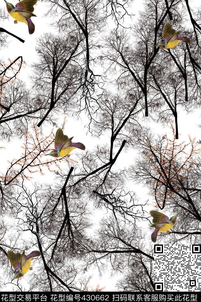 外套华亿平台树枝小花鸟数码印花华亿平台下载（图片编号: 430662） - 瓦栏（Walan）