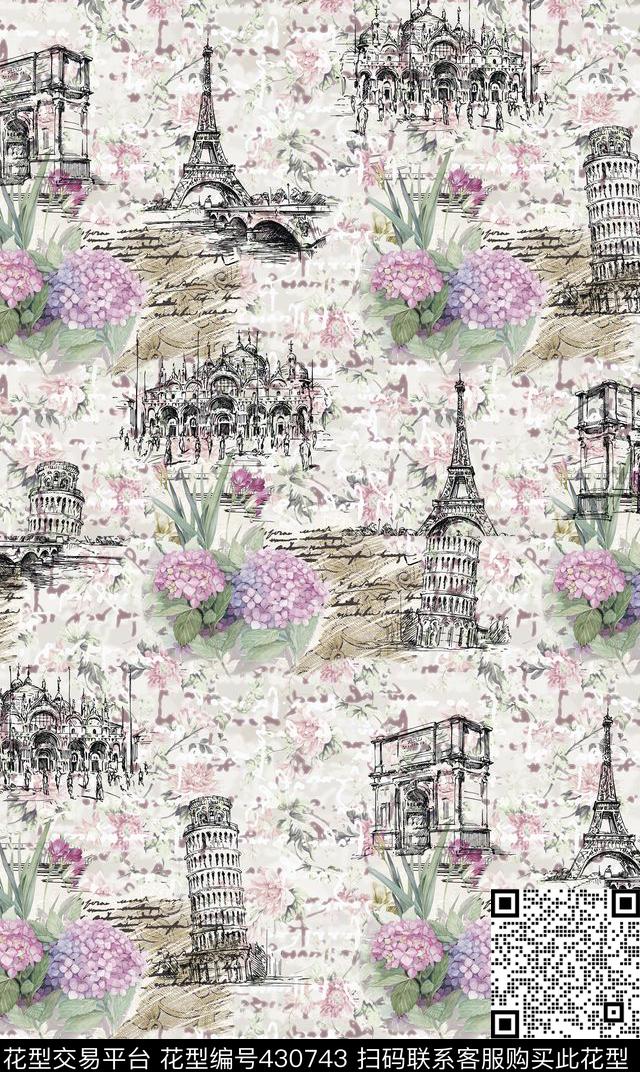 花卉建筑欧洲风数码印花华亿平台下载（图片编号: 430743） - 瓦栏（Walan）