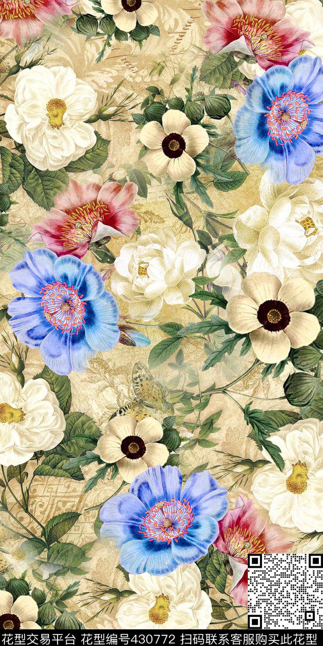 大气淡雅手绘花卉时尚数码印花华亿平台下载（图片编号: 430772） - 瓦栏（Walan）