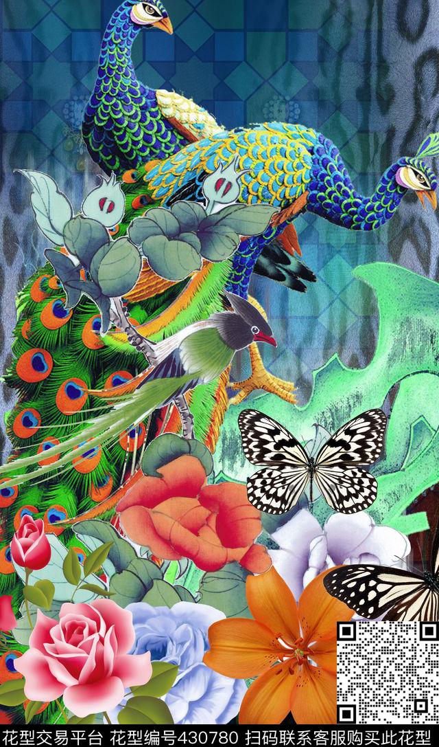 豹纹底定位花卉工笔画数码印花华亿平台下载（图片编号: 430780） - 瓦栏（Walan）