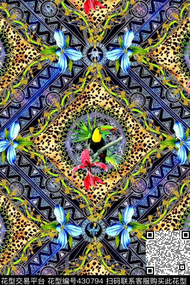 欧式边框时尚鹦鹉数码印花华亿平台下载（图片编号: 430794） - 瓦栏（Walan）