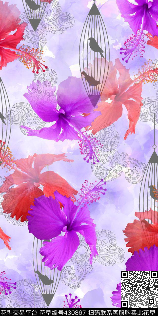 清新写实花卉小鸟火腿纹写实花卉小鸟火腿纹创意服装丝巾数码印花华亿平台下载（图片编号: 430867） - 瓦栏（Walan）