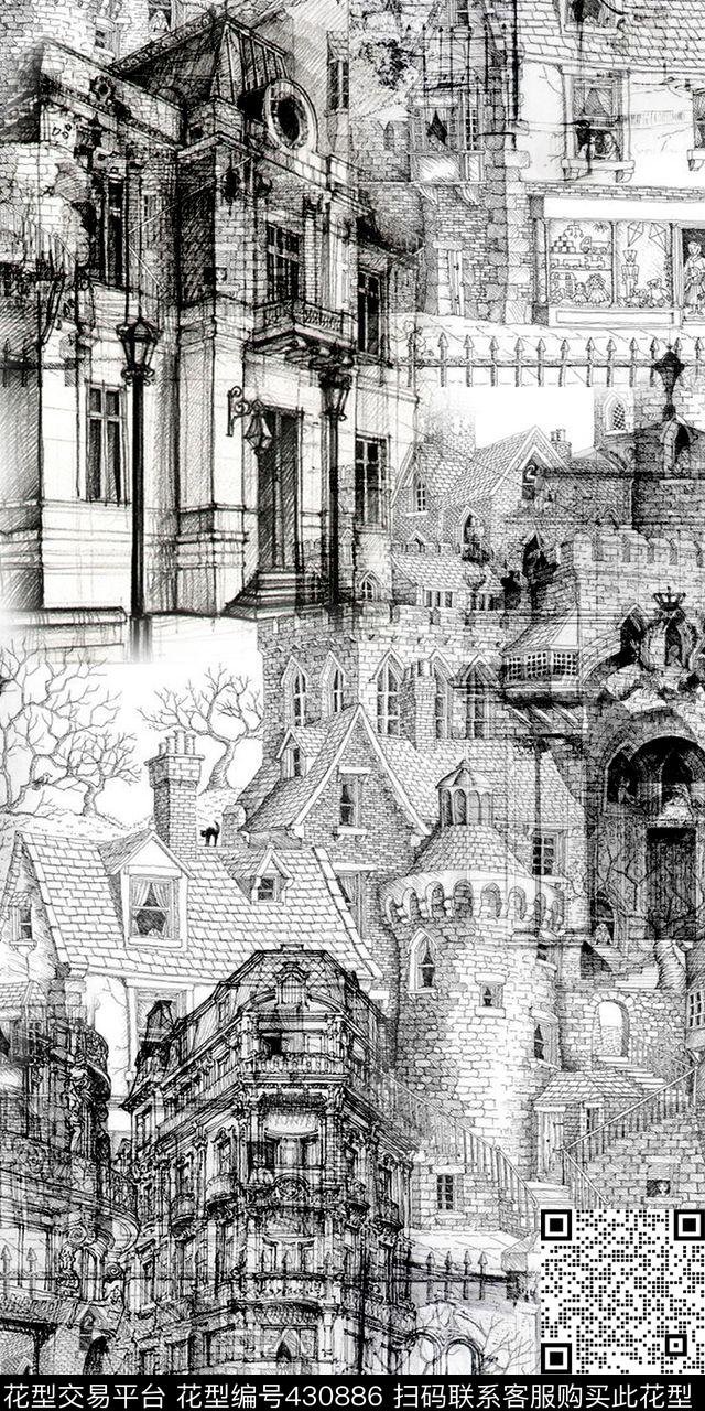 时尚流行新潮手绘欧式建筑建筑传统印花华亿平台下载（图片编号: 430886） - 瓦栏（Walan）
