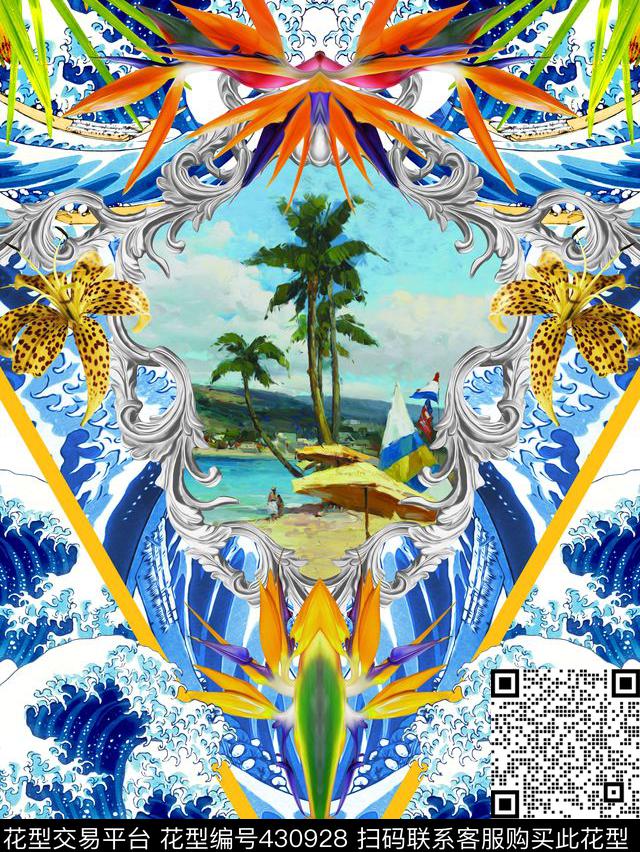 海浪金属花纹热带风情数码印花华亿平台下载（图片编号: 430928） - 瓦栏（Walan）