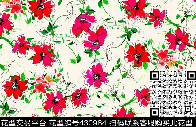 抽象花卉简约手绘数码印花华亿平台下载（图片编号: 430984） - 瓦栏（Walan）