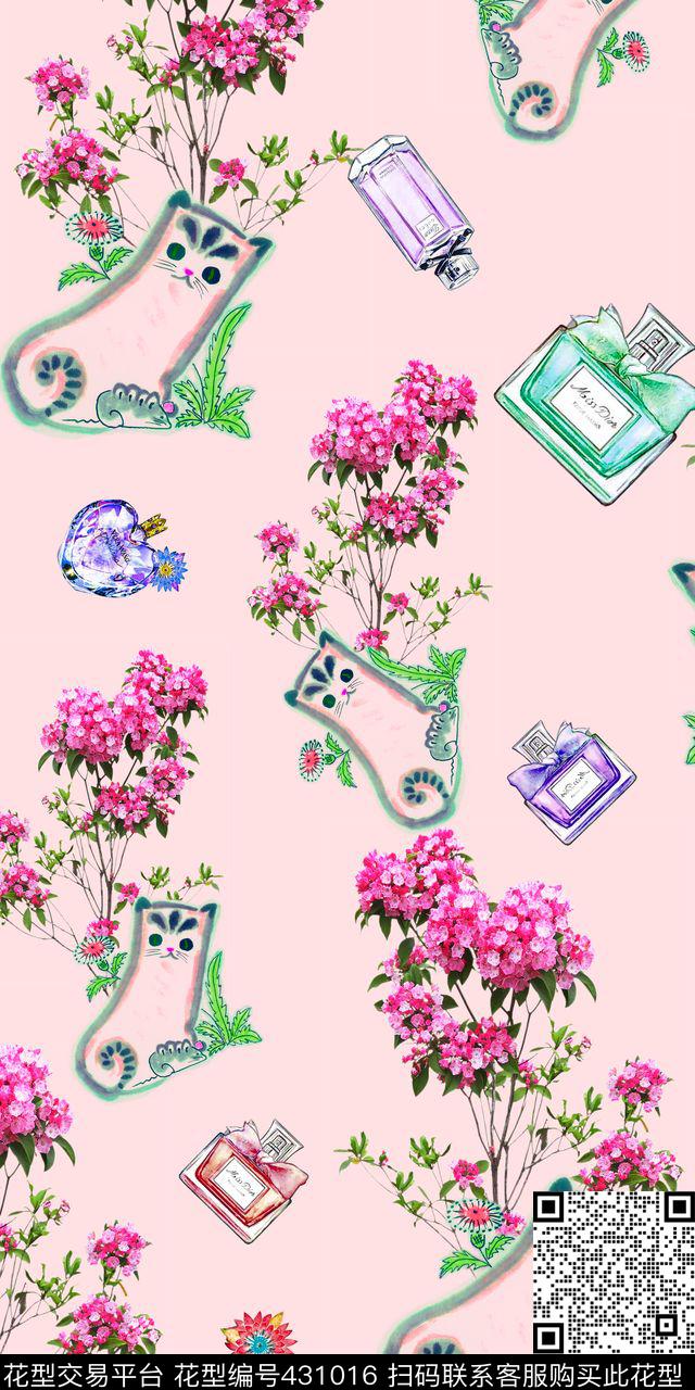清新春夏风香水瓶手绘简笔猫咪数码印花华亿平台下载（图片编号: 431016） - 瓦栏（Walan）