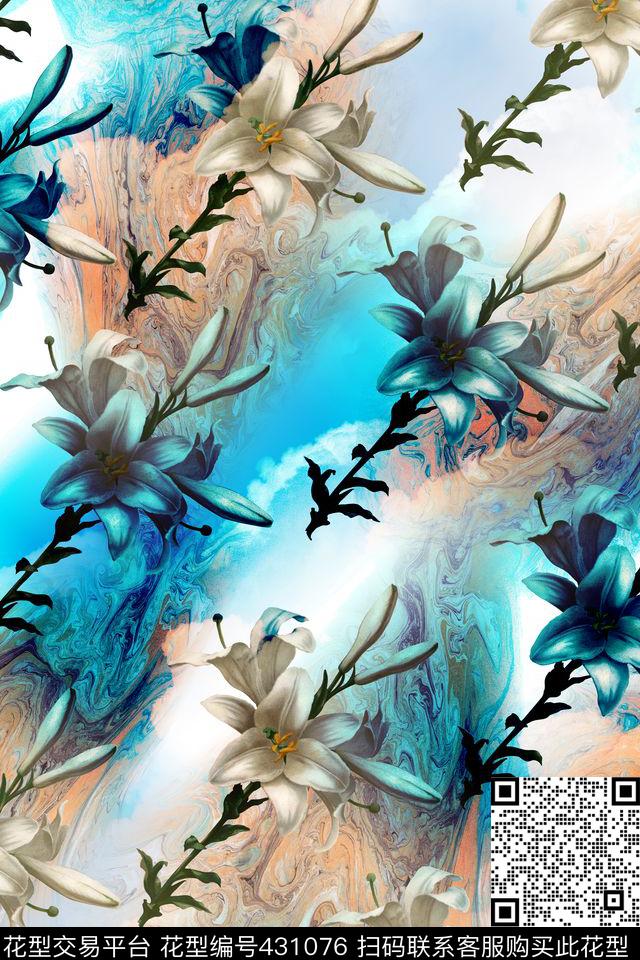 时尚休闲花卉百合数码印花华亿平台下载（图片编号: 431076） - 瓦栏（Walan）