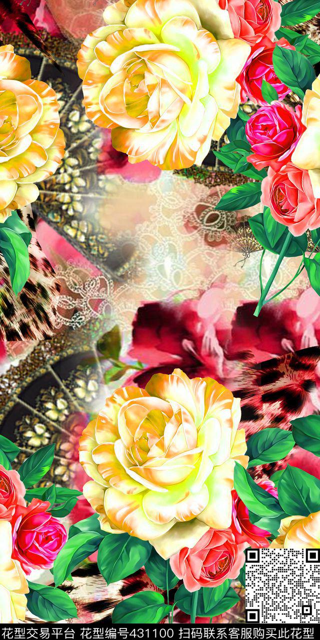 豹纹花卉蕾丝数码印花华亿平台下载（图片编号: 431100） - 瓦栏（Walan）