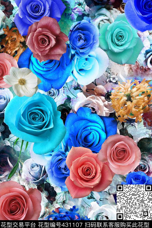 数码大气玫瑰花卉女装花卉花卉组合数码印花华亿平台下载（图片编号: 431107） - 瓦栏（Walan）