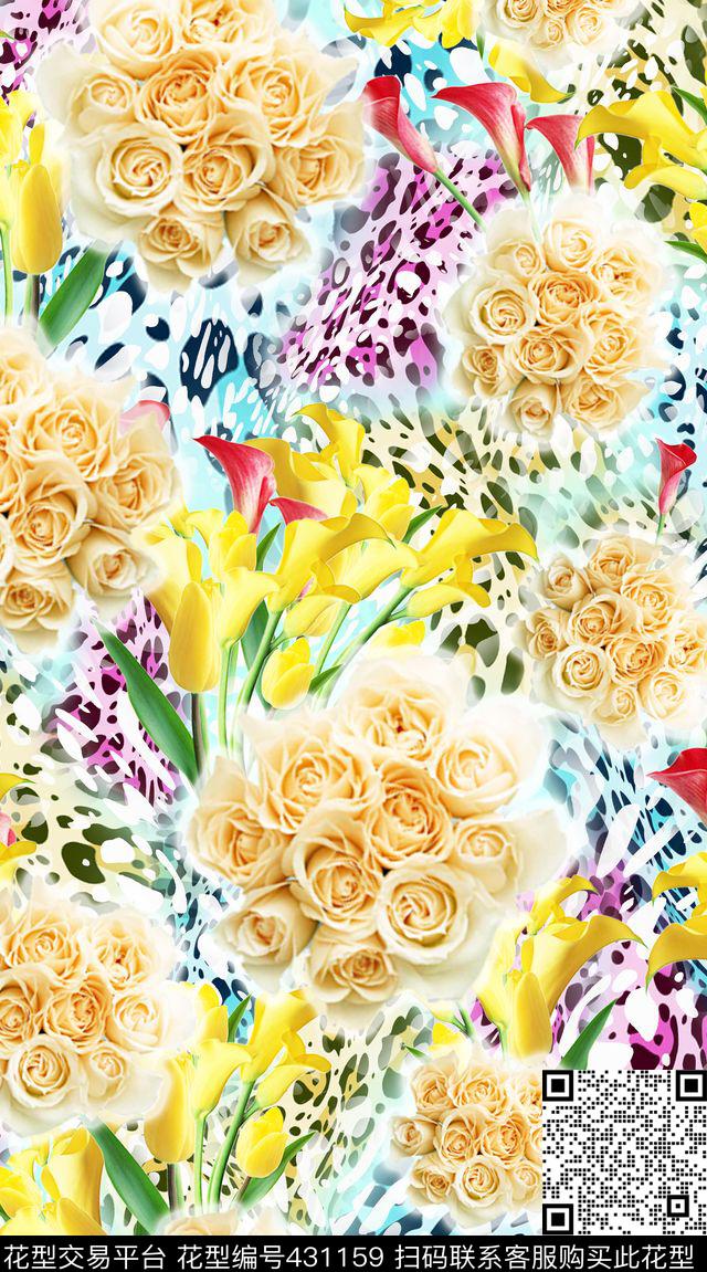 亮丽花卉豹纹时尚数码印花华亿平台下载（图片编号: 431159） - 瓦栏（Walan）
