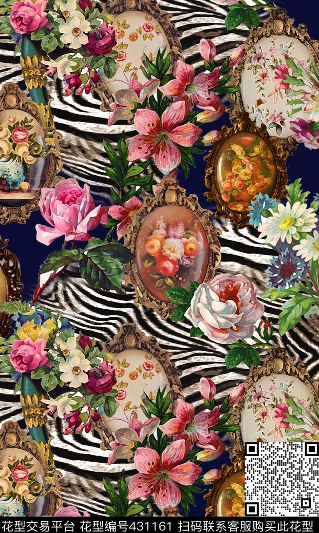 复古画框宫廷风花卉数码印花华亿平台下载（图片编号: 431161） - 瓦栏（Walan）